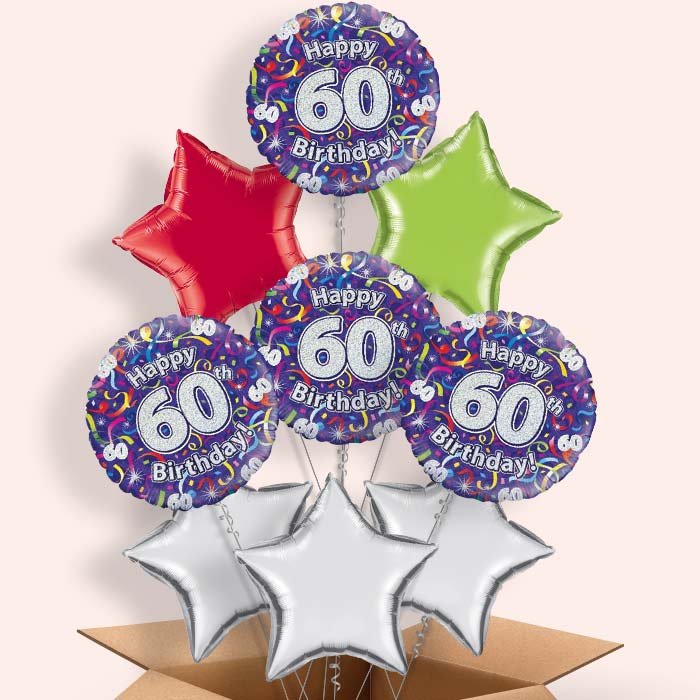Purple Streamers Happy 60th Birthday Helium Balloon in a Box - 9 Balloon | Party Save Smile
