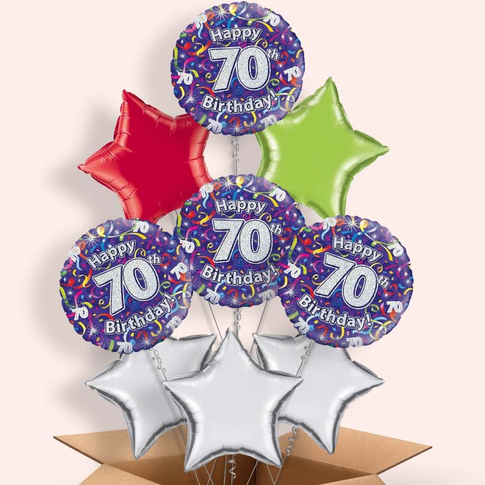 Purple Streamers Happy 70th Birthday Helium Balloon in a Box - 9 Balloon | Party Save Smile