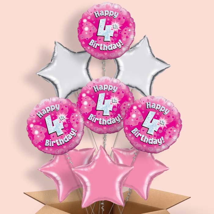 Happy 4th Birthday Pink Hearts Helium Balloon in a Box - 9 Balloon | Party Save Smile