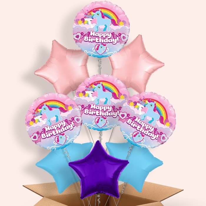 Rainbow Unicorn Birthday Helium Balloons in a Box - 9 Balloon | Party Save Smile