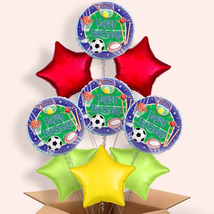 Sports Themed Helium Balloons in a Box - 9 Balloon | Party Save Smile