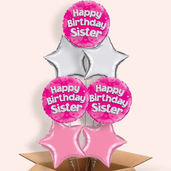 Happy Birthday Sister Pink Hearts Helium Balloon in a Box - 7 Balloon | Party Save Smile
