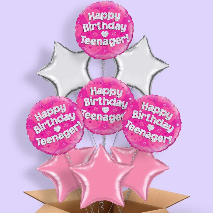 Happy Birthday Teenager Pink Hearts Helium Balloon in a Box - 9 Balloon | Party Save Smile