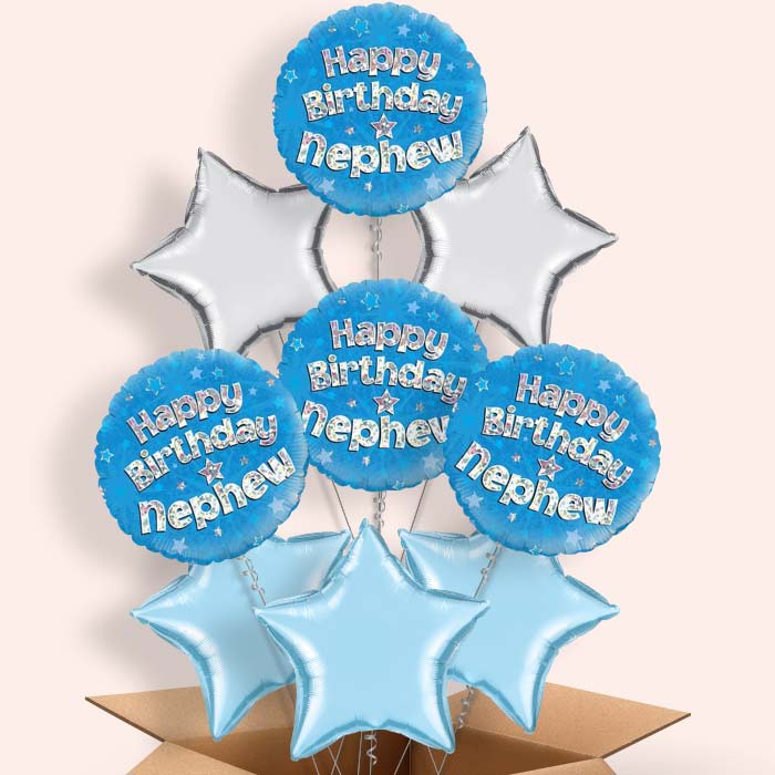 Happy Birthday Nephew Blue Stars Helium Balloon in a Box - 9 Balloon | Party Save Smile