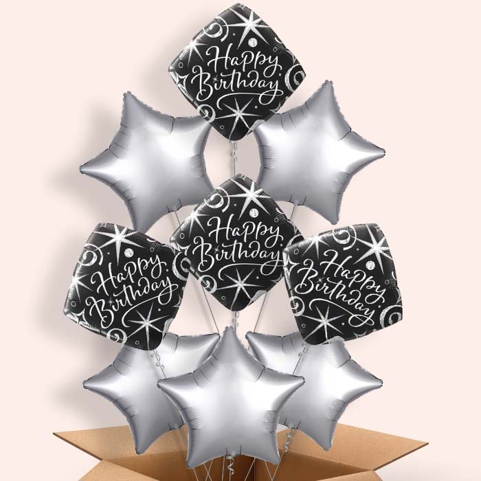 Black and Silver Happy Birthday Helium Balloons in a Box - 9 Balloon | Party Save Smile