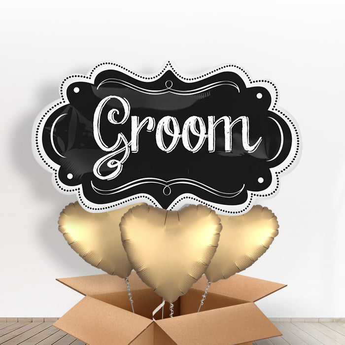 Groom Chalkboard Giant Shaped Helium Balloon in a Box Gift - With 3 Plain Balloons | Party Save Smile