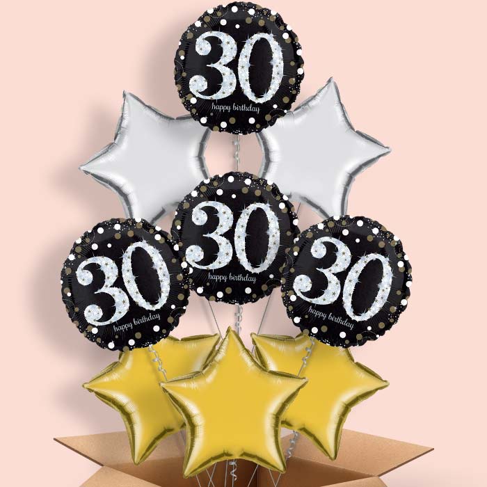 Black & Gold 30th Birthday Helium Balloon in a Box - 9 Balloon | Party Save Smile