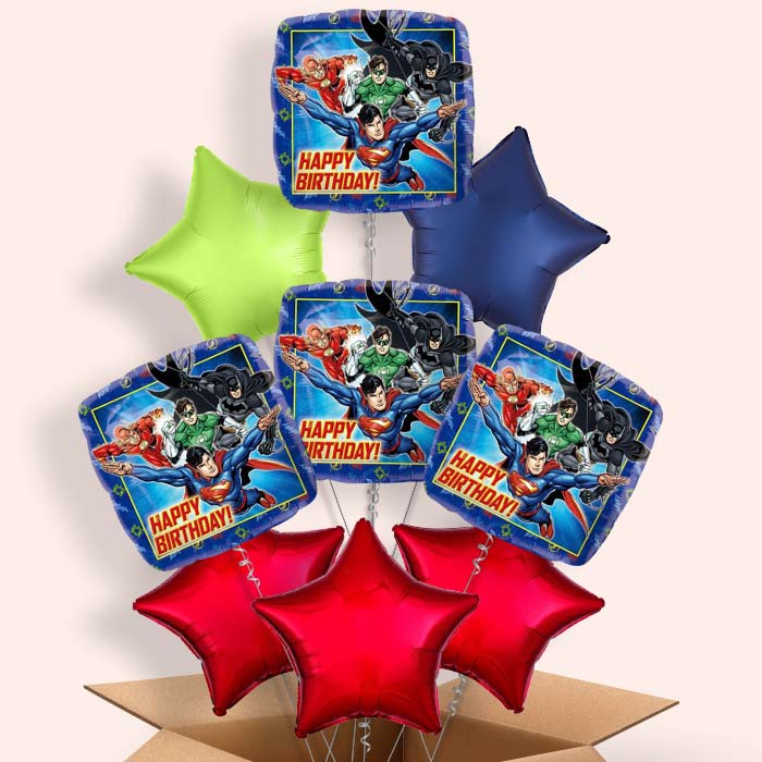 Justice League Happy Birthday Helium Balloons in a Box - 9 Balloon | Party Save Smile