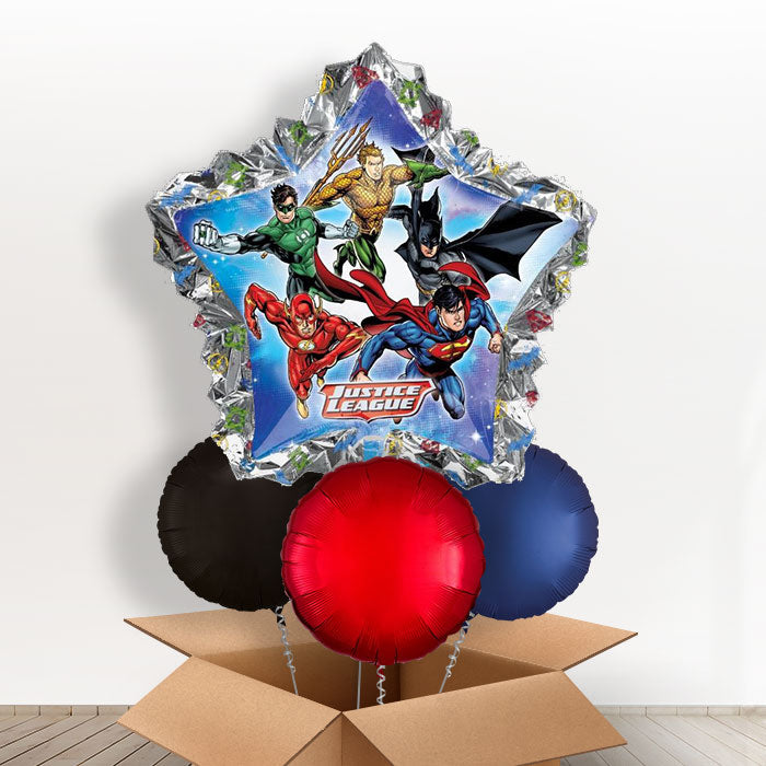 Giant Justice League Helium Balloons in a Box - With 3 Plain Balloons | Party Save Smile