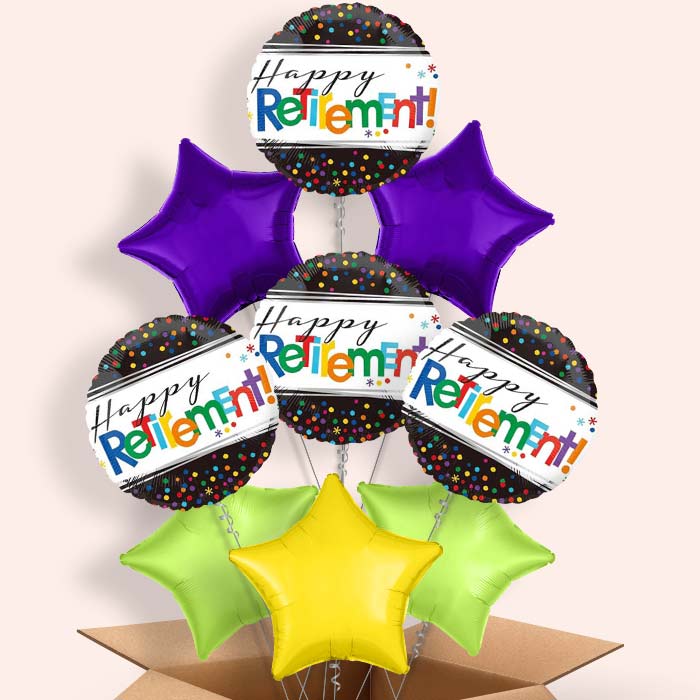 Happy Retirement Helium Balloons in a Box (Confetti) - 9 Balloon | Party Save Smile