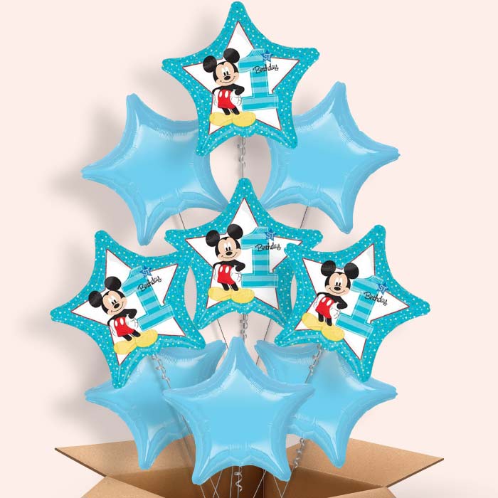Mickey Mouse 1st Birthday Helium Balloons in a Box - 9 Balloon | Party Save Smile