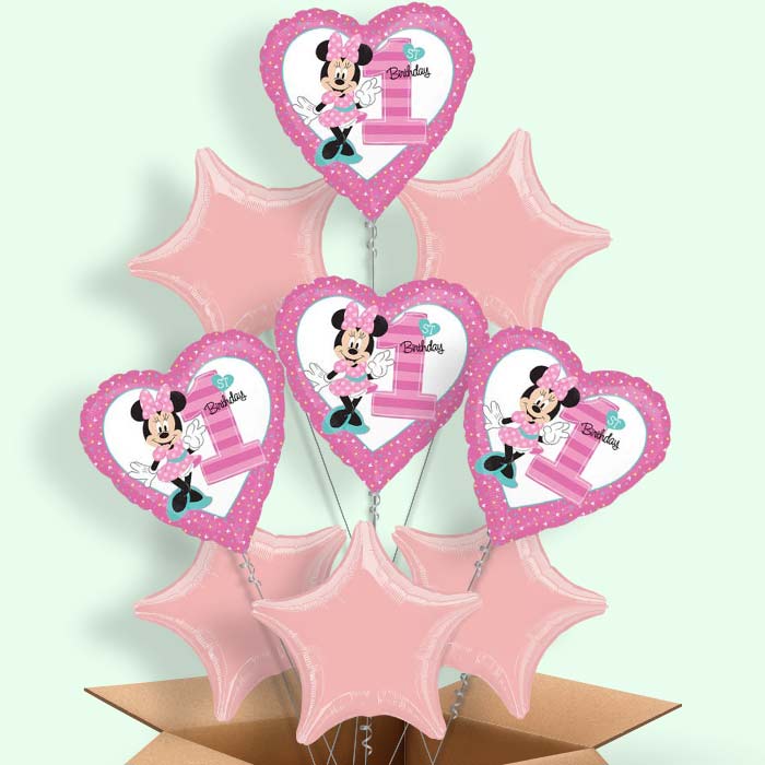 Minnie Mouse 1st Birthday Helium Balloons in a Box - 9 Balloon | Party Save Smile