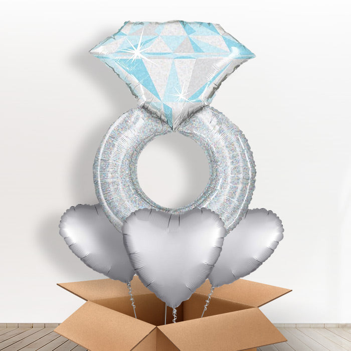 Giant Platinum Engagement Ring Helium Balloon in a Box - With 3 Themed Balloons | Party Save Smile