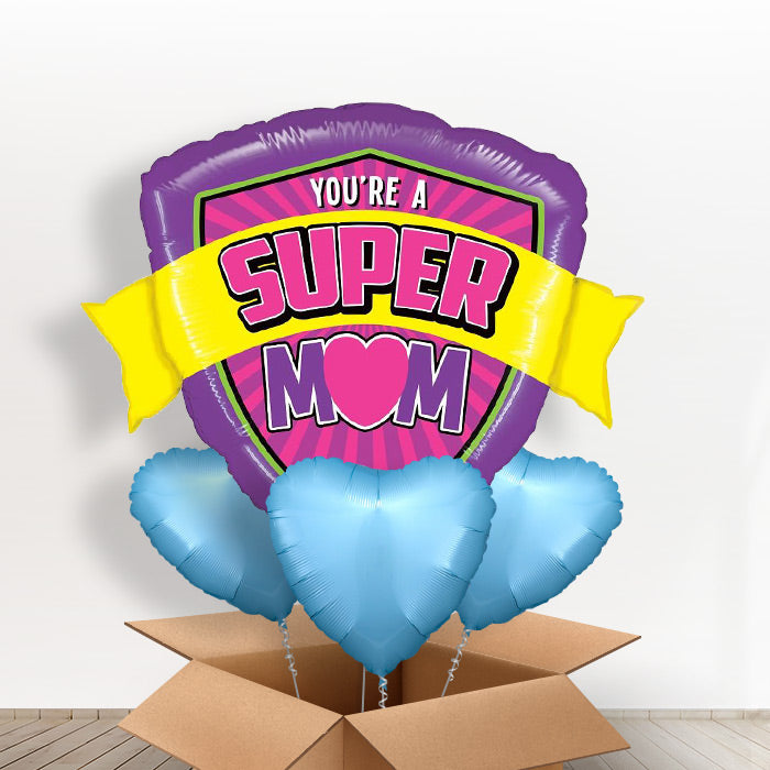 Super Mum Mothers Day Helium Balloon in a Box - With 3 Plain Balloons | Party Save Smile