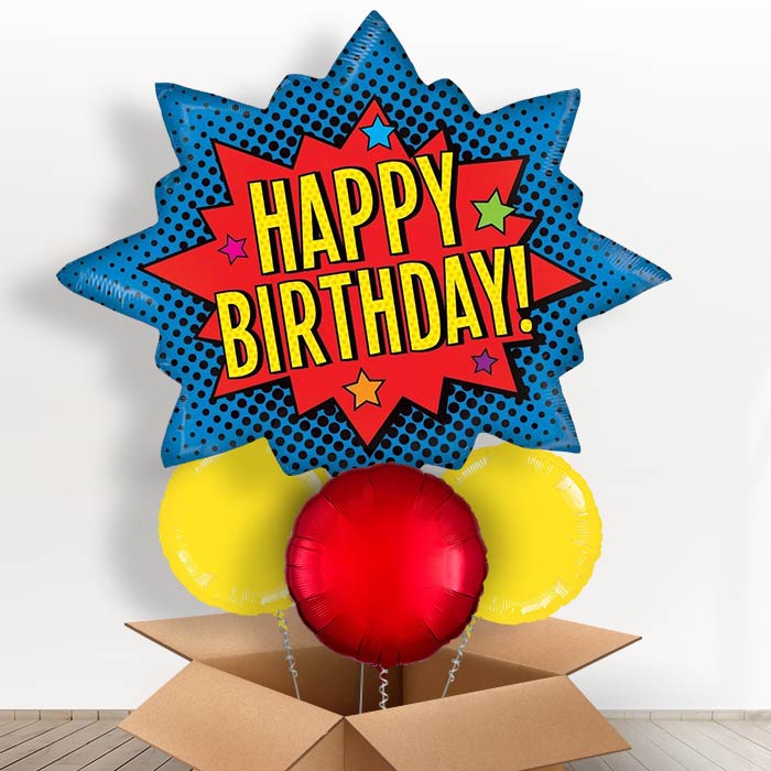 Giant Pop Art Superhero Helium Balloons in a Box - With 3 Plain Balloons | Party Save Smile