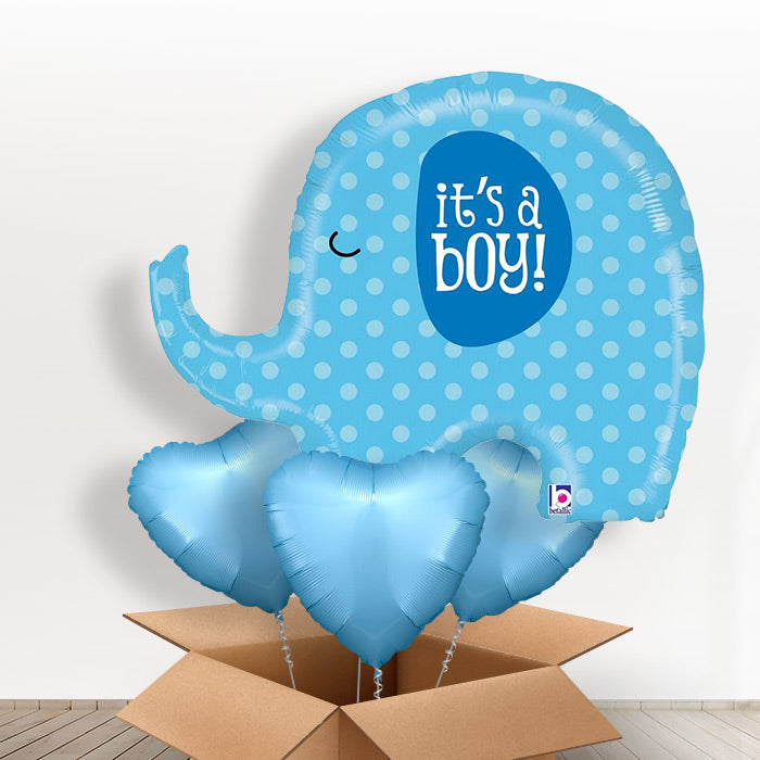 Blue Elephant Its a Boy Helium Balloon in a Box - With 3 Plain Balloons | Party Save Smile