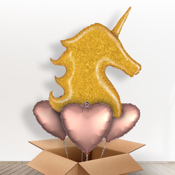 Gold Glitter Unicorn Head Helium Balloon in a Box - With 3 Plain Balloons | Party Save Smile