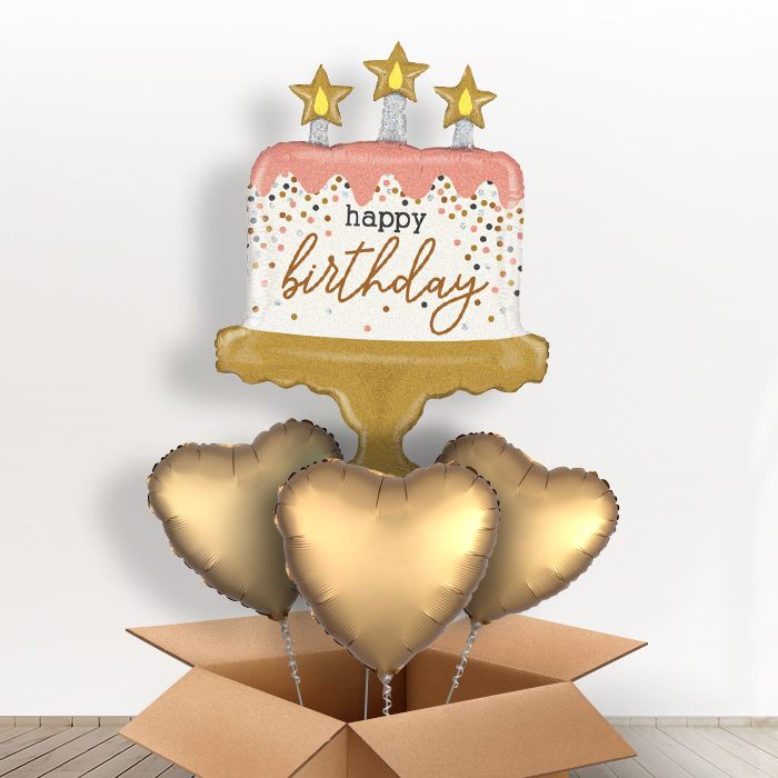Birthday Cake Helium Balloons in a Box - Rose Gold - With 3 Themed Balloons | Party Save Smile