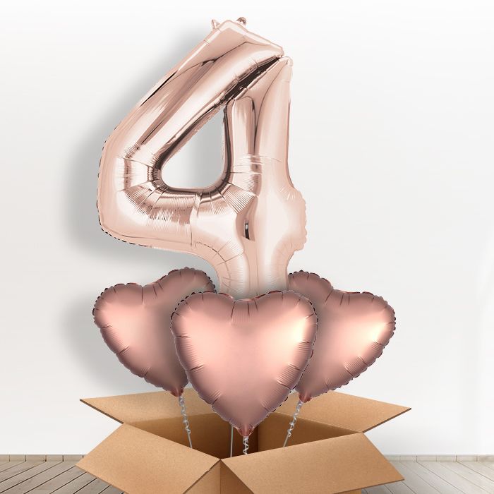 Big Rose Gold Number 4 Helium Balloon Number in a Box - Giant Number and 3 Balloons | Party Save Smile