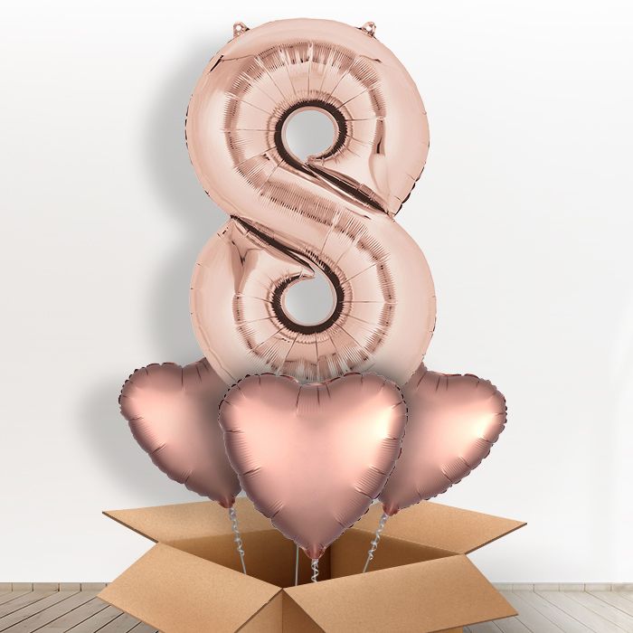 Rose Gold Giant Number 8 Helium Balloon in a Box Gift - Giant Number and 3 Balloons | Party Save Smile
