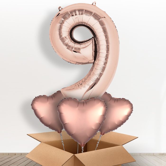 Rose Gold Giant Number 9 Helium Balloon in a Box Gift - Giant Number and 3 Balloons | Party Save Smile