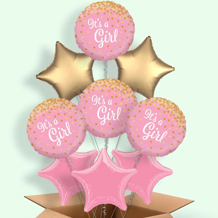 New Baby Helium Balloon Delivery (Pink Confetti) - 9 Balloon | Party Save Smile