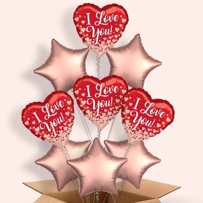 I Love You Helium Balloons in a Box (Rose Gold Hearts) - 9 Balloon | Party Save Smile
