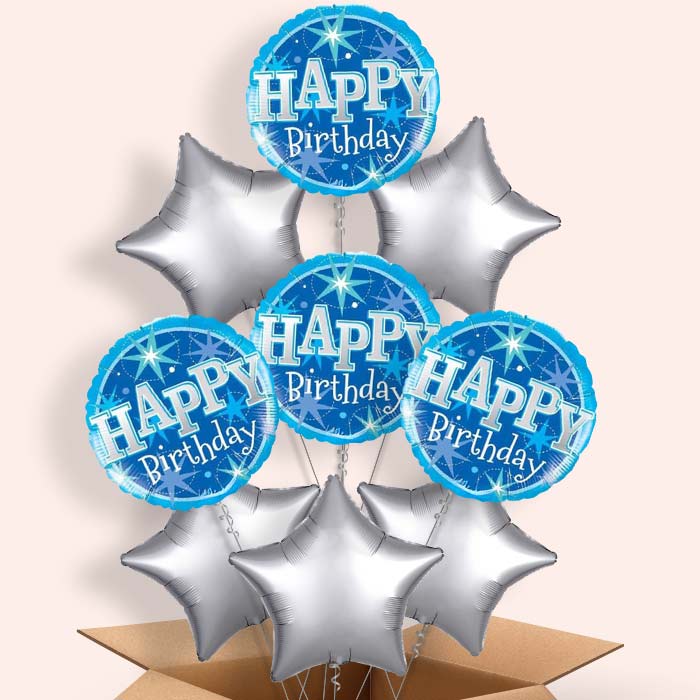 Sparkling Blue Birthday Helium Balloons in a Box - 9 Balloon | Party Save Smile