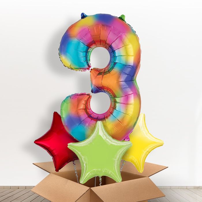 Rainbow Number 3 Helium Balloon Number in a Box - Giant Number and 3 Balloons | Party Save Smile