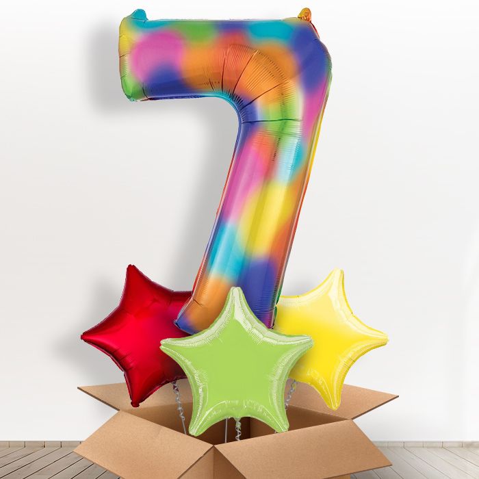 Rainbow 7 Balloon in a Box: 7th Birthday Number Balloons - Giant Number and 3 Balloons | Party Save Smile