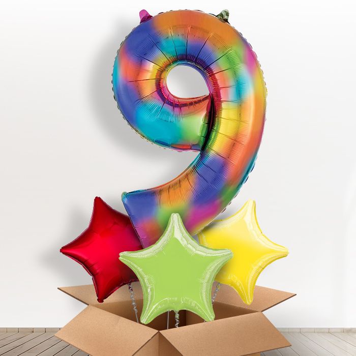 Rainbow Number 9 Helium Balloon in a Box - Giant Number and 3 Balloons | Party Save Smile