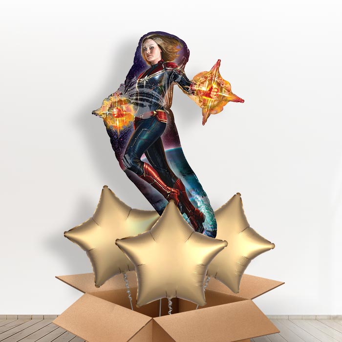 Captain Marvel Shaped Helium Balloon in a Box Gift - With 3 Plain Balloons | Party Save Smile