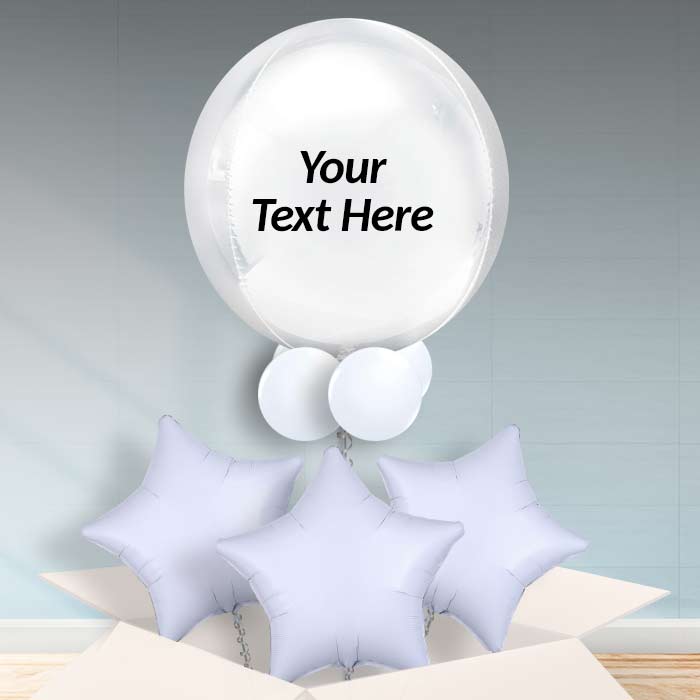 Personalised White Orb Helium Balloons in a Box - Orbz Balloon with 3 Balloons | Party Save Smile