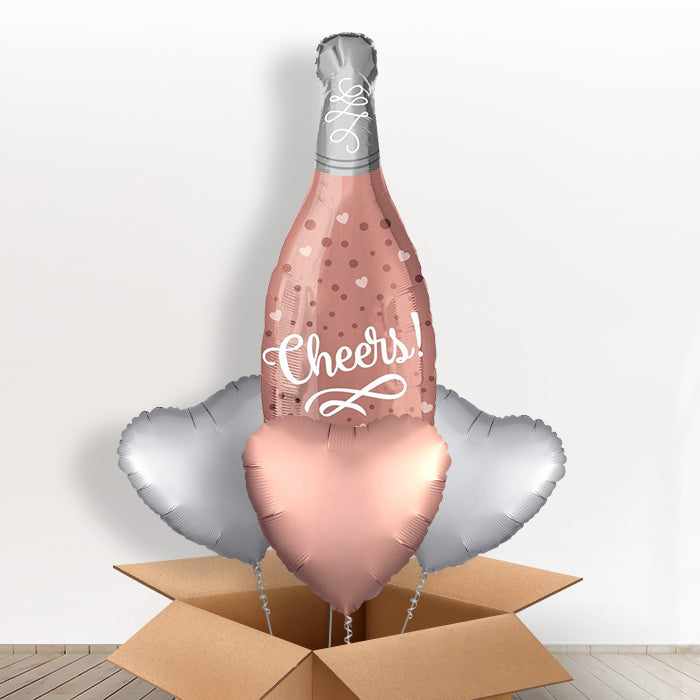 Cheers Rose Champagne Bottle Balloon in a Box Gift - With 3 Plain Balloons | Party Save Smile