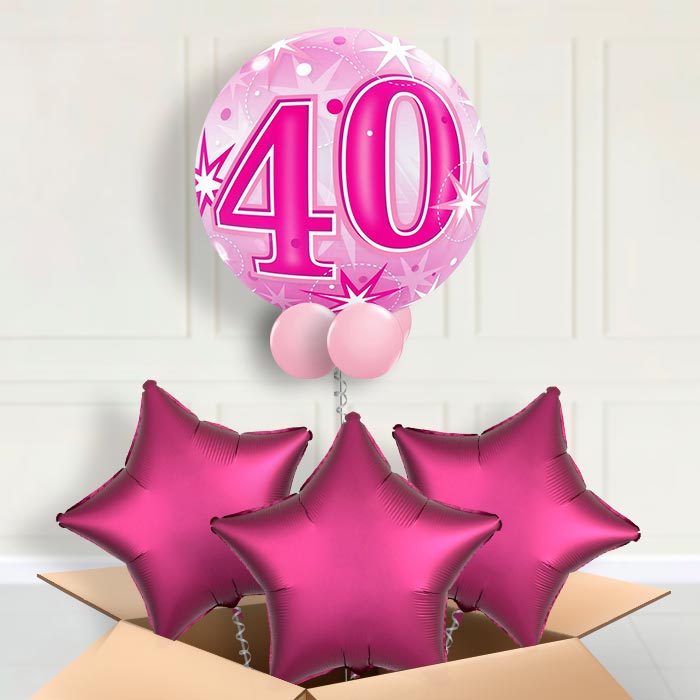 Age 40 Pink Starburst Bubble Balloon in a Box - Bubble Balloon with 3 Balloons | Party Save Smile