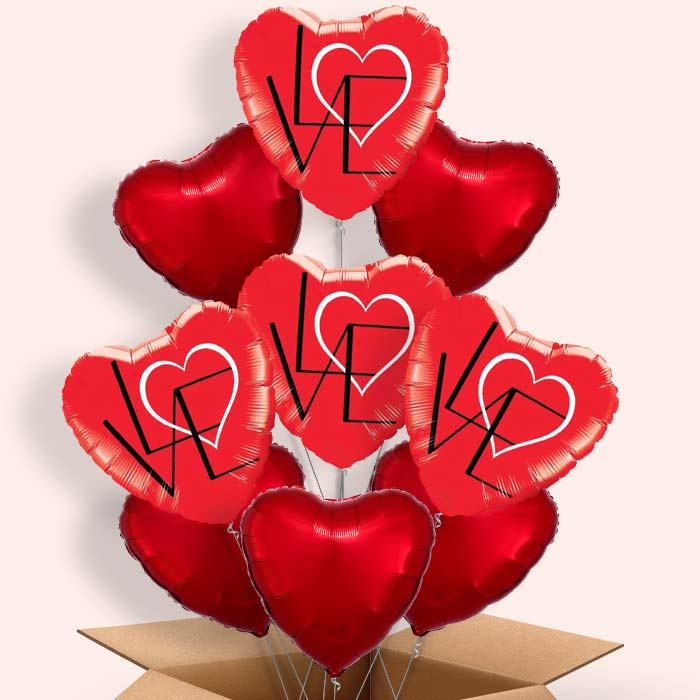 Red Heart Helium Balloons in a Box (Abstract) - 9 Balloon | Party Save Smile
