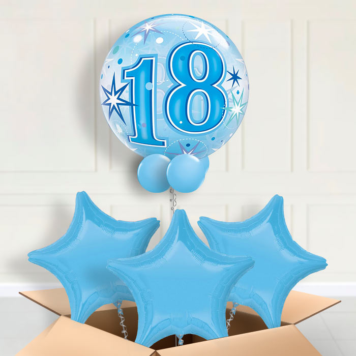 Age 18 Blue Starburst Bubble Balloon in a Box - Bubble Balloon with 3 Balloons | Party Save Smile