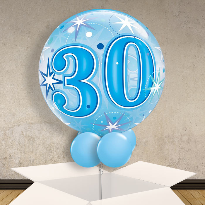 Age 30 Blue Starburst Bubble Balloon in a Box - Bubble Balloon | Party Save Smile
