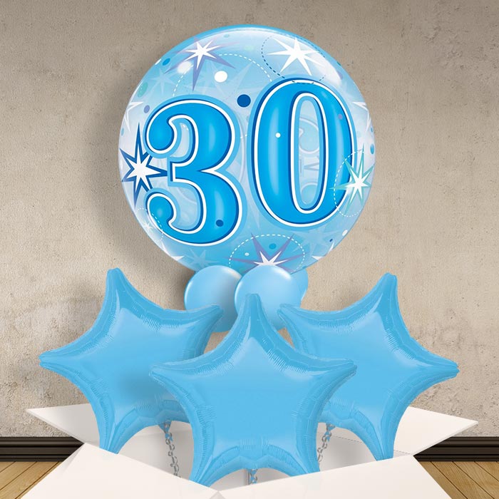 Age 30 Blue Starburst Bubble Balloon in a Box - Bubble Balloon with 3 Balloons | Party Save Smile