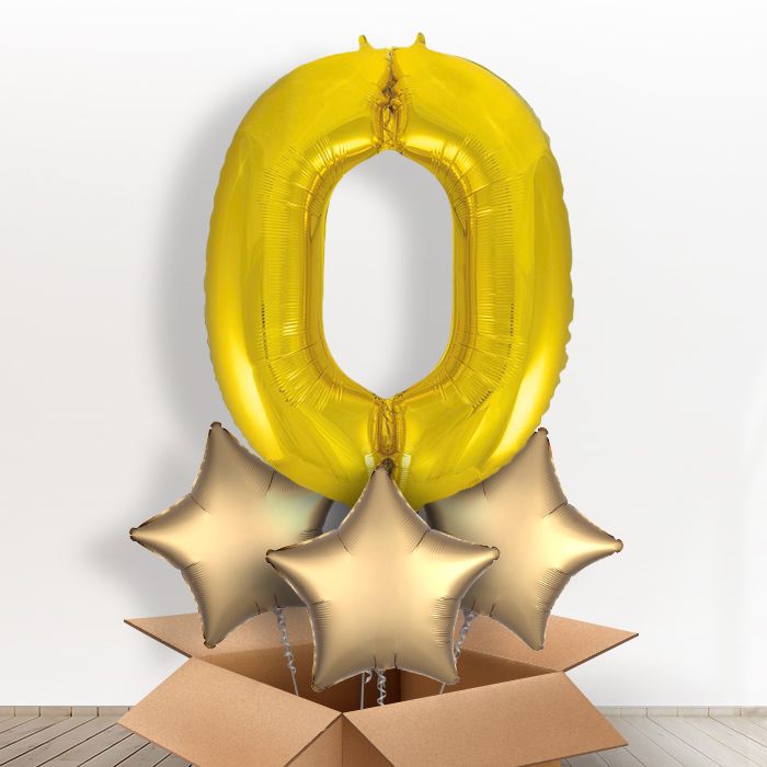 Big Gold Number 0 Helium Balloon Number in a Box - Giant Number and 3 Balloons | Party Save Smile