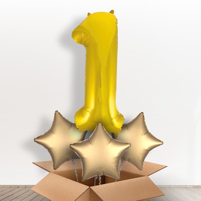 Big Gold Number 1 Balloon Inflated Number in a Box - Giant Number and 3 Balloons | Party Save Smile