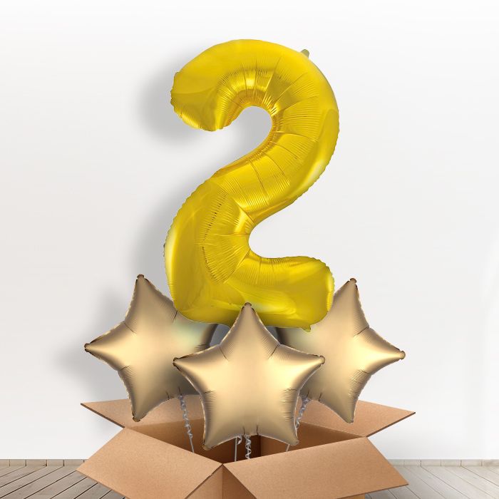 Big Gold Number 2 Balloon Inflated Number in a Box - Giant Number and 3 Balloons | Party Save Smile