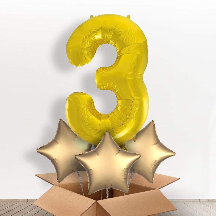 Big Gold Number 3 Balloon Inflated Number in a Box - Giant Number and 3 Balloons | Party Save Smile