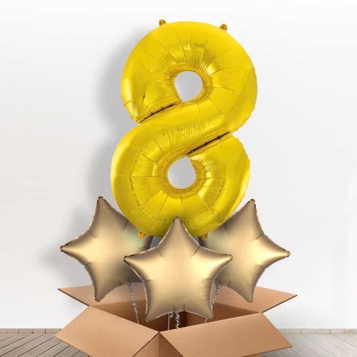 Gold Giant Number 8 Helium Balloon in a Box Gift - Giant Number and 3 Balloons | Party Save Smile