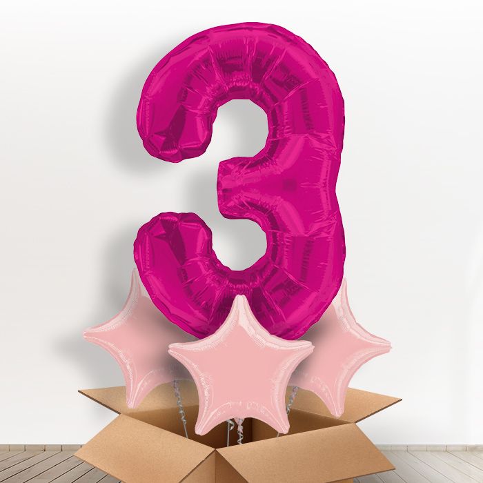 Big Pink Number 3 Helium Balloon Number in a Box - Giant Number and 3 Balloons | Party Save Smile