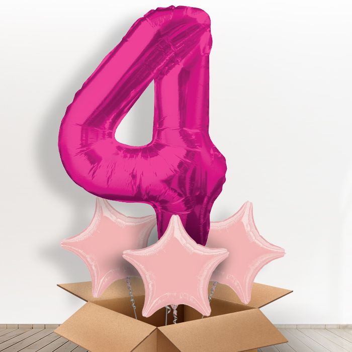 Big Pink Number 4 Helium Balloon Number in a Box - Giant Number and 3 Balloons | Party Save Smile