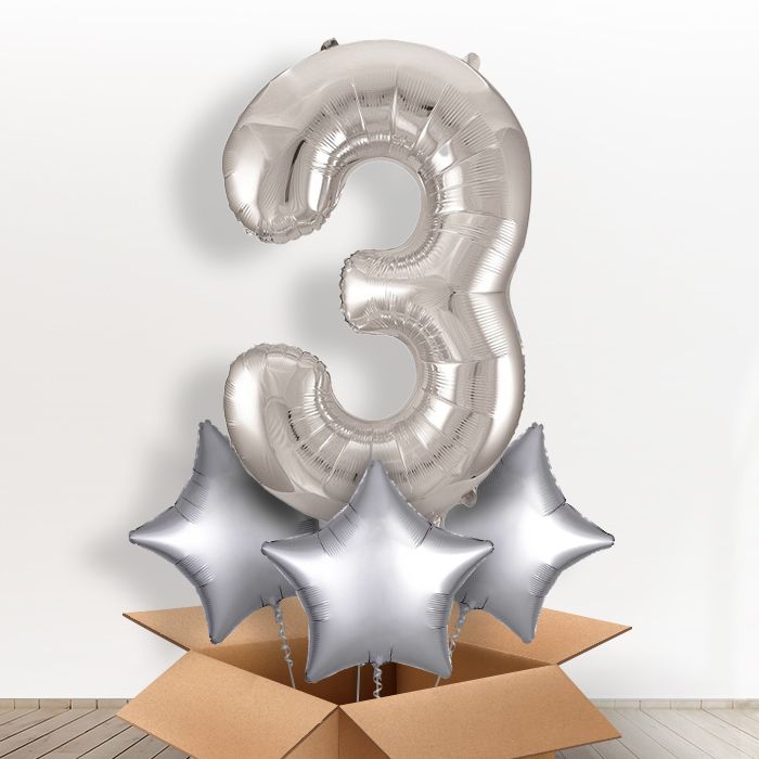 Big Silver Number 3 Helium Balloon Number in a Box - Giant Number and 3 Balloons | Party Save Smile