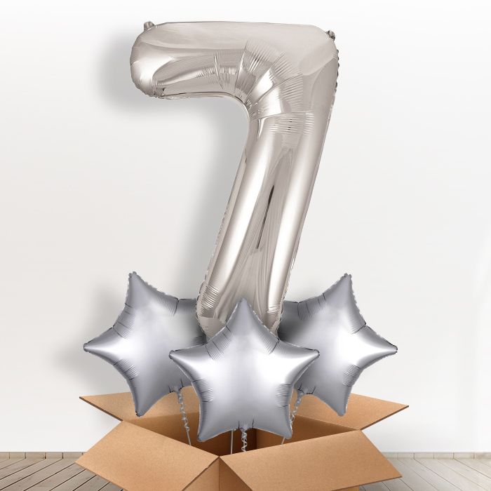 Silver Giant Number 7 Helium Balloon in a Box Gift - Giant Number and 3 Balloons | Party Save Smile
