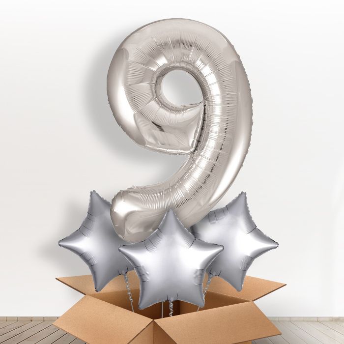 Silver Giant Number 9 Helium Balloon in a Box Gift - Giant Number and 3 Balloons | Party Save Smile