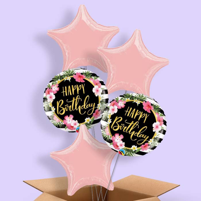 Floral Helium Balloons in a Box - Tropical Happy Birthday - 5 Balloon | Party Save Smile